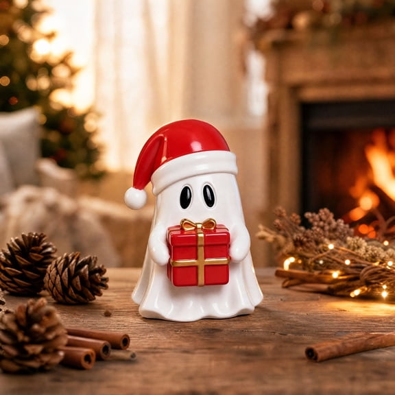 Lypsnake Christmas Ghost Figurine with Santa Hat, Resin Ghost Statue Holding Gift Box Ornament, Freestanding Desktop Collectible Figure for Xmas Mantel Shelf Tabletop Decor