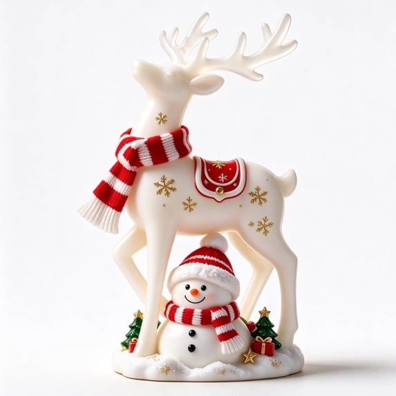 Lypsnake Christmas Reindeer & Snowman Figurine, Resin Holiday Deer Statue with Scarf Snowflake Pattern, Festive Tabletop Decor for Xmas Home Dispaly
