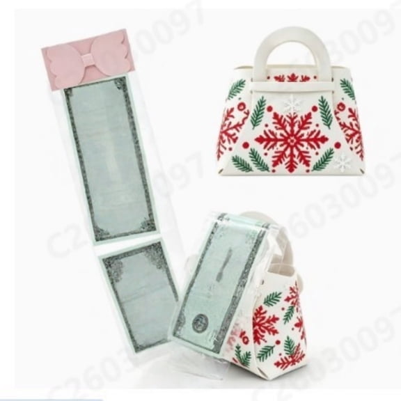 Lypsnake Christmas Snowflake Money Pull Out Gift Box,Handbag Shaped Paper Box With Transparent Cash Draw Strap Bow Decor,Surprise Cash Present Holder for Xmas Holiday Family Gift Giving Layout
