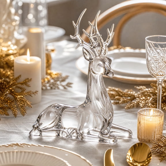 Lypsnake Crystal Clear Acrylic Lying Deer Figurine, Lying Reindeer Tabletop Statue, Decorative Accent Ornament for Christmas Dining Table Mantel Home Decor