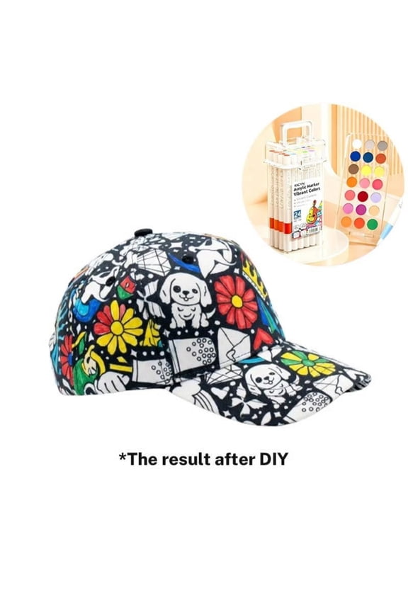 DIY Coloring Blank Baseball Cap,Black White Line Art Animal Floral Outline Fabric Cap With Adjustable Back Strap,Custom Hand Painting Wearable Hat for Casual DIY Craft Party Supplies