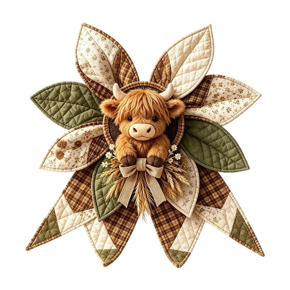 Lypsnake DIY Patchwork Bow Sewing Kit,Highland Cow Fabric Wreath Craft Set with Coordinated Fabrics and Instructions,Autumn Hand Stitching Kit for Front Door Wall Hanging Home Decor