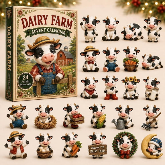 Lypsnake Dairy Farm Cow Advent Calendar, 24Pcs Cute Dairy Cow Acrylic Hanging Ornaments, Farm Themed Christmas Countdown Calendar for Christmas Tree Pendant Surprise Gift(2D)