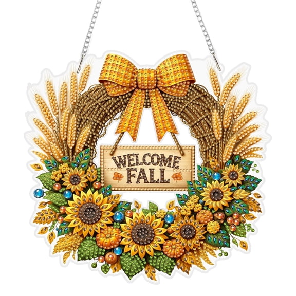 Lypsnake Diamond Art Acrylic Hanging Sign - Welcome Fall Sunflower Wreath Door Decor, Rhinestone Embossed Wheat Pumpkin Bow Pattern Clear Acrylic Window Door Pendant for Porch Wall Entryway Display