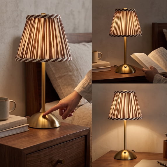 Lypsnake Fabric Striped Table Lamp, Pleated Brown Striped Lampshade Desk Lamp with Battery& USB Rechargeable, Rechargeable Decorative Bedside Lamp Night Light for Bedroom Living Room Side Table Decor