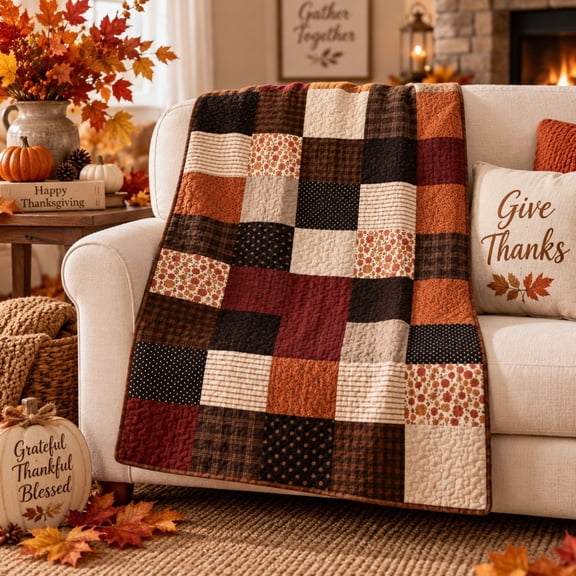 Lypsnake Fall Quilted Patchwork Throw Blanket, Autumn Tone Patchwork Quilt Throw With Mixed Prints, Soft Textured Blanket for Couch Bed Decor
