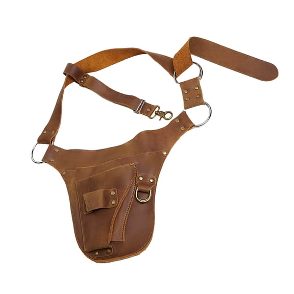 Lypsnake Genuine Brown Leather Garden Tool Holster Belt,Adjustable Riveted Strap Metal O-ring Multi Pockets Utility Shoulder Tool Harness for Gardening Camping Construction Daily Work Accessory