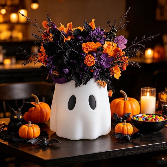 Lypsnake Ghost Planter Bucket, White Ceramic Ghost Vase Container, Halloween Spooky Ghost Flower Pot for Fall Harvest Tabletop Mantel Home Decor