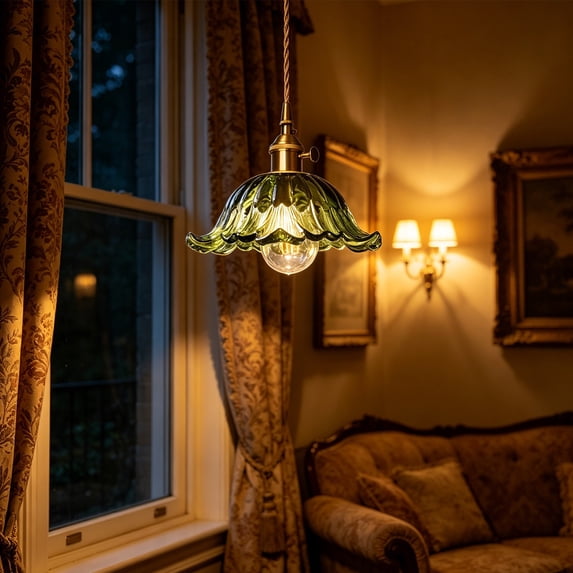 Lypsnake Glass Pendant Light - Green Ceiling Light,Vintage Hanging Ceiling Light with Brass Gold Metal Green Glass Shade,Industrial Hanging Lamp for Kitchen Island Bar Foyer Hallway Farmhouse