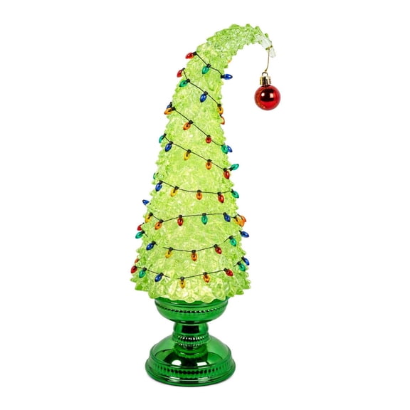Lypsnake Glitter Spinning Christmas Tree, Curved Top Rotating Tabletop, Lighted with Multicolor Bulb Garland and Hanging Red Ornament