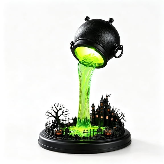 Lypsnake Glowing Witch Cauldron Table Lamp,Resin Spilling Magic Potion Lighted Figurine with Haunted Castle Pumpkin Scene,LED Green Light Statue for Tabletop Home Party Decor