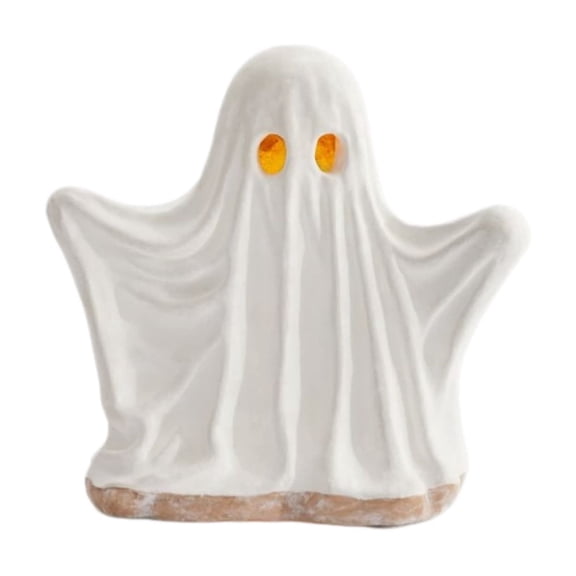 Lypsnake Halloween Ghost Light Figurine, Matte White Ceramic Warm LED Glow Rustic Weathered Base, Spooky Window Mantel Table Decor for Indoor Home Halloween Holiday Ornament