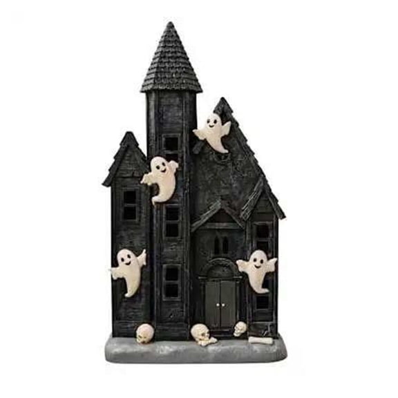 Lypsnake Halloween Resin Haunted House Tabletop Ornament, Multi-Tier Black Vintage Mansion Embedded Ghosts Skull Bone Base ,Desktop Decor for Autumn Thanksgiving Living Room Mantel Display