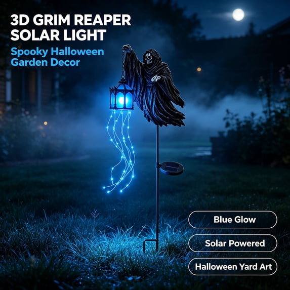 Lypsnake Halloween Soul Harvester Animated Solar Powered Grim Reaper Garden Stake Light with Blue LED Lantern