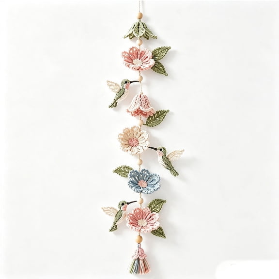 Lypsnake Hummingbird and Flower Garden Cascade DIY Crochet Kit Boho Macrame Wall Hanging Craft Set Handmade Crochet Kit for Home Nursery Window Decor