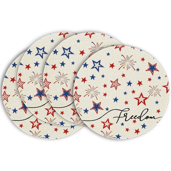 Lypsnake Independence Day Round Printed Coaster,Vintage Red Blue Star & Floral Pattern Absorbent Cork Base Drink Coaster Pack,Patriotic Table Accessory for Kitchen Bar Holiday Dining Tabletop Decor