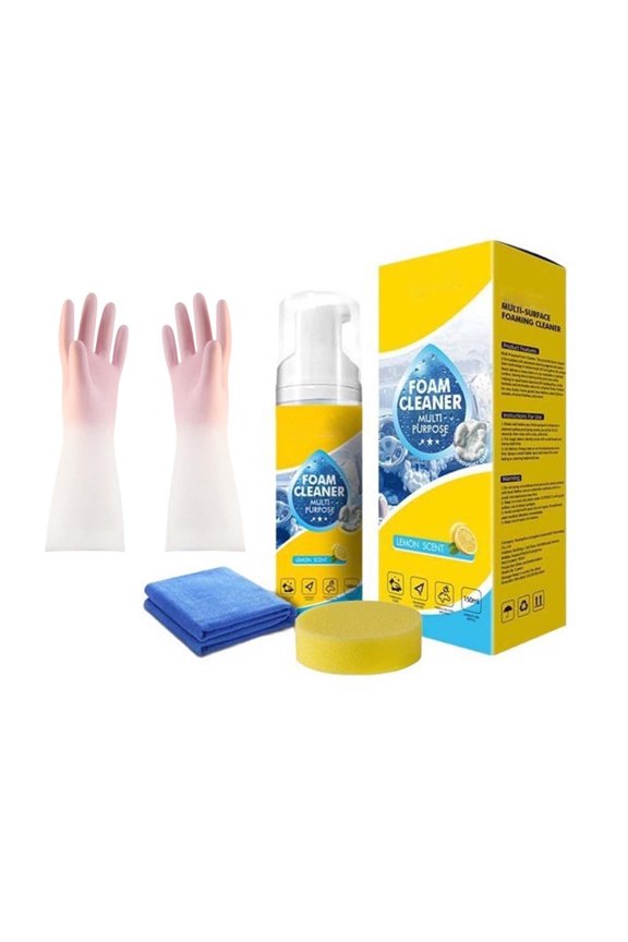 Interior Car Cleaner Kit, Multi-Purpose Foam Cleaner Spray With Sponge Towel And Gloves, Lemon Scent For Auto Upholstery Leather Dashboard And Home Surface Stain Removal
