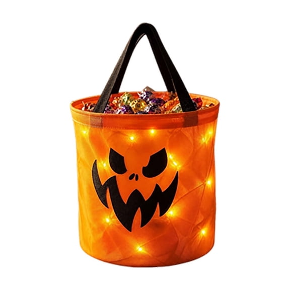 Lypsnake LED Light Halloween Candy Bags,Trick or Treat Candy Bags LED Light Up Pumpkin Bucket,Reusable Candy Basket for Fall Yard Porch Haunted House Thanksgiving Party Gift Storage Layout