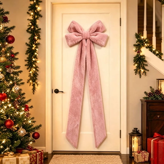 Lypsnake Large Velvet Christmas Bow, Giant Pink Velvet Bow with Long Streamers, Oversized Christmas Decorative Bow for Front Door Window Mantel Holiday Home Decor