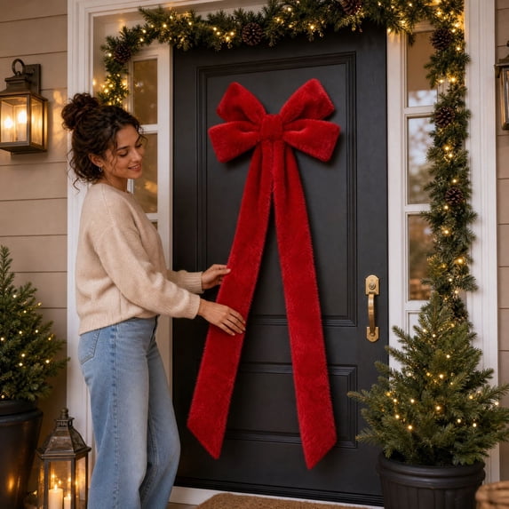 Lypsnake Large Velvet Christmas Bow, Giant Red Velvet Bow with Long Streamers, Oversized Christmas Decorative Bow for Front Door Window Mantel Holiday Home Decor
