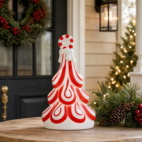 Lypsnake Lighted Blow Mold Peppermint Tree,Red White Striped Peppermint Topped Resin Christmas Tree Figurine,Tabletop Decor for Christmas Mantel Shelf Display