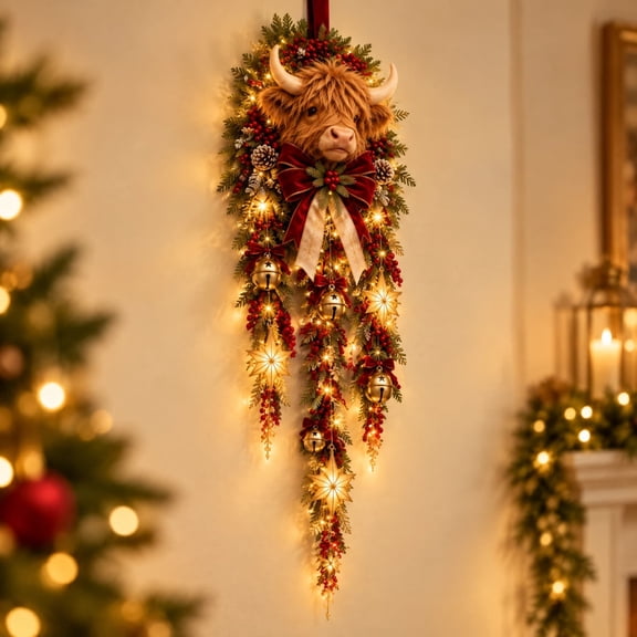 Lypsnake Lighted Highland Cow Christmas Swag, Rustic Highland Cattle Head Hanging Wreath with Pine Red Berries Bow & LED Lights for Front Door Porch Wall Decor
