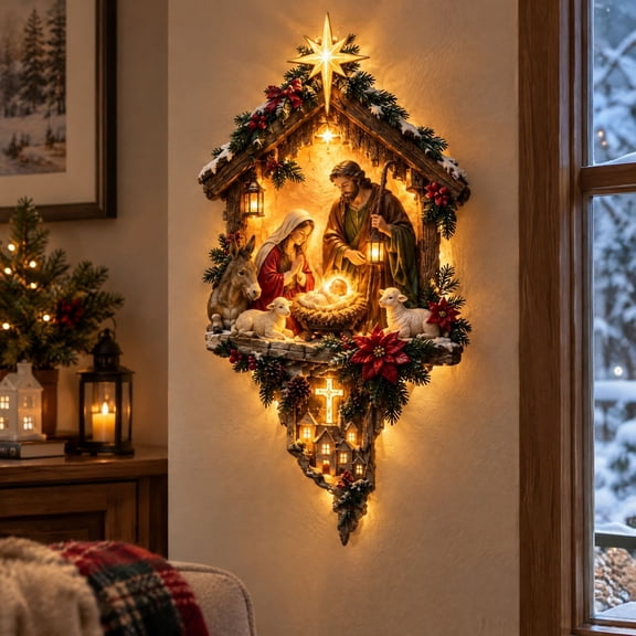 Lypsnake Lighted Nativity Scene Wall Decor, Illuminated Holy Family Manger Wall Hanging Ornament, Religious Christmas Wall Art for Living Room Entryway Decor