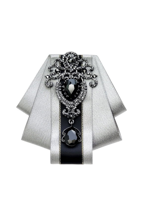 Mens Women Silk Ribbon Bowtie Brooch Pin, Red Black Vintage Gothic Jabot Neck Tie with Rhinestone, Decorative Collar Pin for Formal Events, Cosplay & Daily Wear