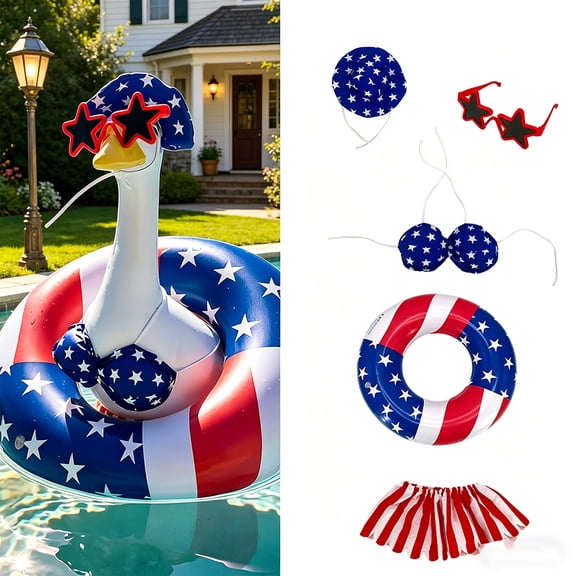 Lypsnake Porch Goose Summer Pool Outfit, Patriotic Stars and Stripes Swimsuit Set, Fun 4th of July Accessory with Float Sunglasses Hat for Lawn Goose Statue Yard Pool and Holiday Party