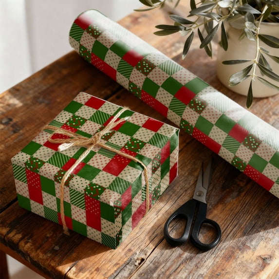 Lypsnake Red Green Plaid Christmas Wrapping Paper,16.4FT Retro Holiday Wrapping Paper Roll with Checkered Dotted Striped Pattern for Christmas Gift Boxes
