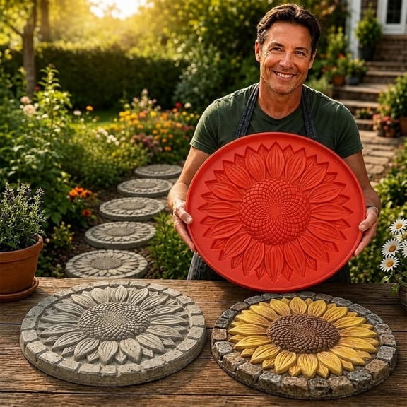 Lypsnake Reusable Sunflower Stepping Stone Mold,15.7 Inch DIY Circular Pathway Paver Silicone Mould,Handmade Craft Supplies For Garden Walkway Decor & Family Art Project