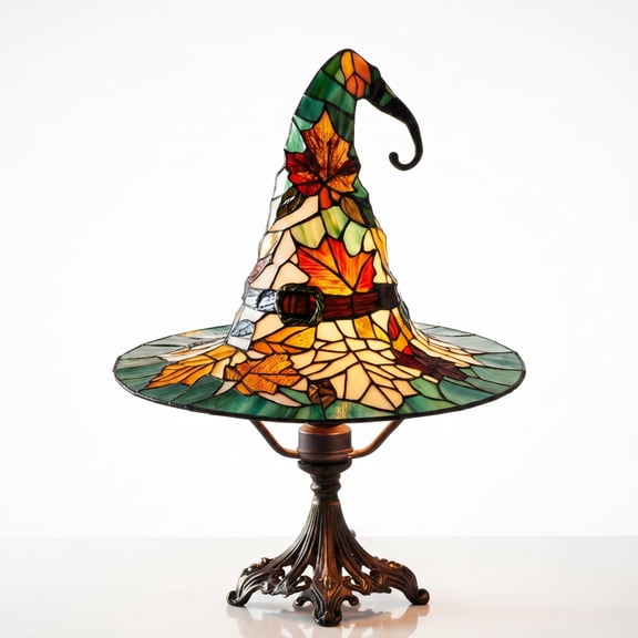 Lypsnake Stained Glass Witch Hat Lamp, Handcrafted Autumn Maple Leaf Stained Glass Shade & Vintage Carved Base Resin Table Light for Halloween Desktop Holiday Decor & Gothic Fantasy Enthusiasts