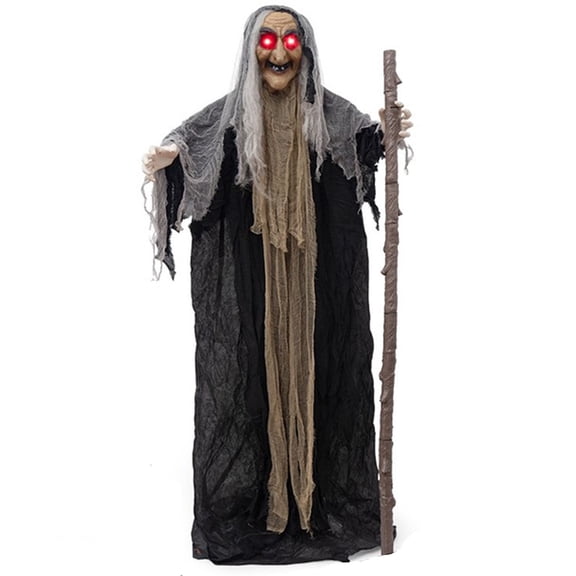 Lypsnake Tattered Gauze Old Hag Witch Animatronic With Staff,Standing Prop With Red Eyes Fabric Robe Movable Hand,Halloween Decor Statue for Yard Porch Haunted House Party Scene Ornament