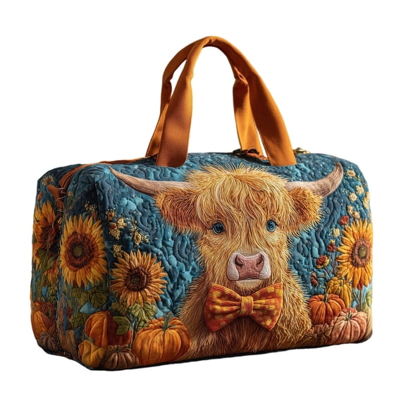 Lypsnake Unisex Boho Quilted Weekender Bag,Deep Teal Quilted Fabric With Highland Cow Sunflower Pumpkin Print,Oversized Carryall Duffel for Overnight Travel Camping Weekend Getaway