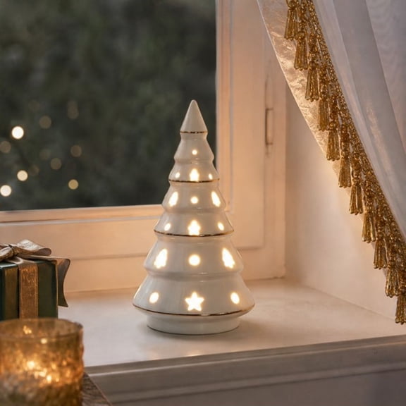 Lypsnake White Christmas Ceramic Tree with Lights, Hollow Star Tree Pattern Lighted Ceramic Christmas Tree, Tabletop Figure for Christmas Mantel Shelf Decor