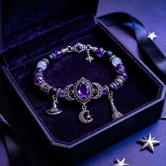 Lypsnake Witch Crystal Moon Charm Bracelet, Gothic Purple Crystal Triple Moon Bracelet with Witch Hat Broom Star Pendant, Wiccan Pagan Witchcraft Jewelry Gift for Women