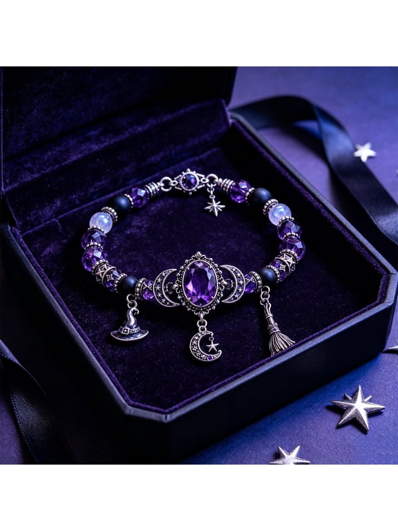 Witch Crystal Moon Charm Bracelet, Gothic Purple Crystal Triple Moon Bracelet with Witch Hat Broom Star Pendant, Wiccan Pagan Witchcraft Jewelry Gift for Women