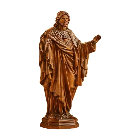 Lypsnake Wooden Sacred Heart of Jesus Statue, Hand Carved Open Arms Robe Detailed Relief Religious Sculpture, Tabletop Mantel Home Decor for Faith Prayer Chapel Living Room Display