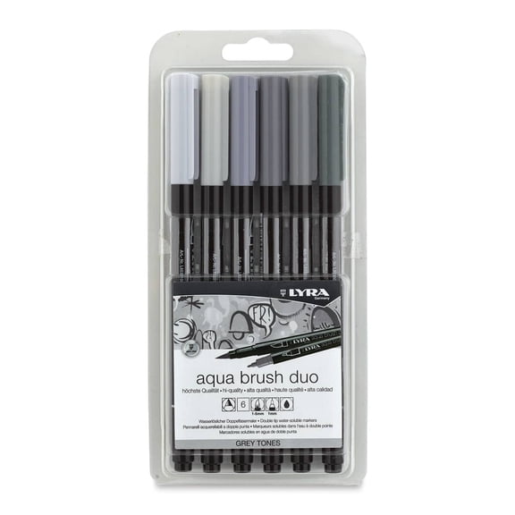Lyra Aqua Brush Duo Markers - Grey Colors, Set of 6
