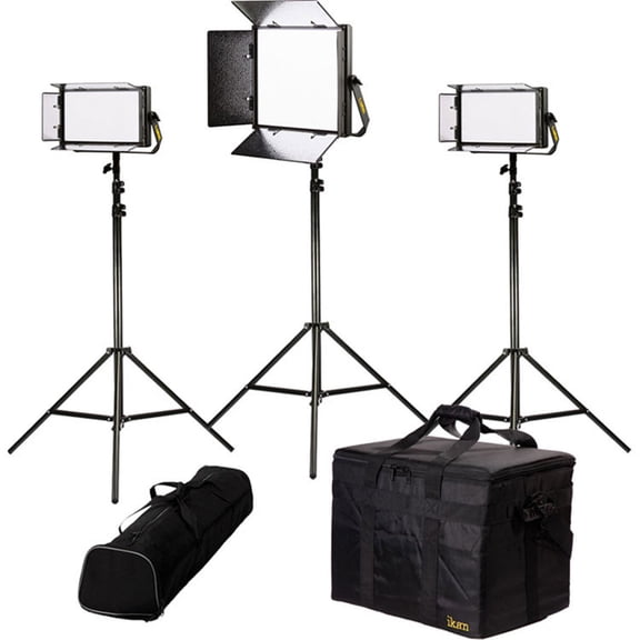 Ikan Lyra Bi-Color 3-Point Soft Panel LED Light Kit, Includes 1x LB10 LED Light, 2x LB5 LED Light, 3x HD Stand, 3x Barn Doors with Intensifier, 3x Gold Mount Battery Plate, 3x V-Mount Battery Plate,