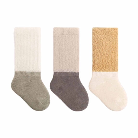 Lyrcatrment 3 Pack Infant Knee High Socks Fuzzy Sock Color Block Warm Winter Thermal Sock For Girls Boys