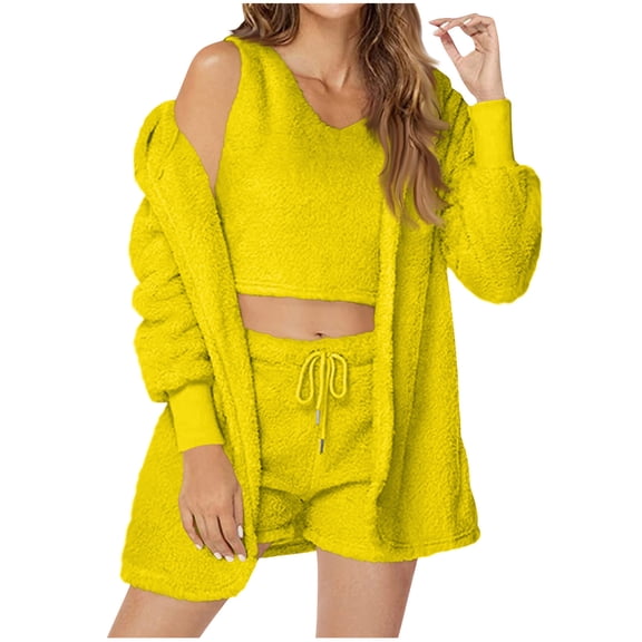 Lyrcatrment 3 Piece Womens Sets Winter Matching Outfit Hooded Long Sleeve Coats Crop Tank Top Shorts Nightwear Comfy Warm Loungewear Suit Trendy(X-Large,Yellow1)
