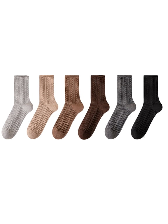 6 Pairs Crew Socks For Women Cable Knitted Plain Sock Fall Fashion Breathable Comfy Casual Sock