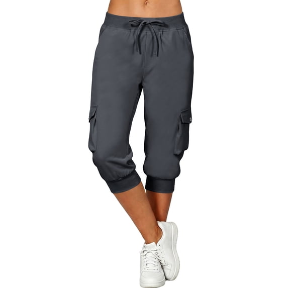 Lyrcatrment Cargo Capris for Women with Pockets Summer Stretchy High Rise Regular Fitted Elastic Cuff Lightweight Jogger Hiking Capri Pants Cropped Trousers