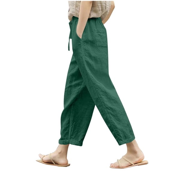 Lyrcatrment Cotton Linen Pants for Women Summer Loose Pull on Elastic Waist Solid Color Trousers Ankle Length Casual Pant with Pockets