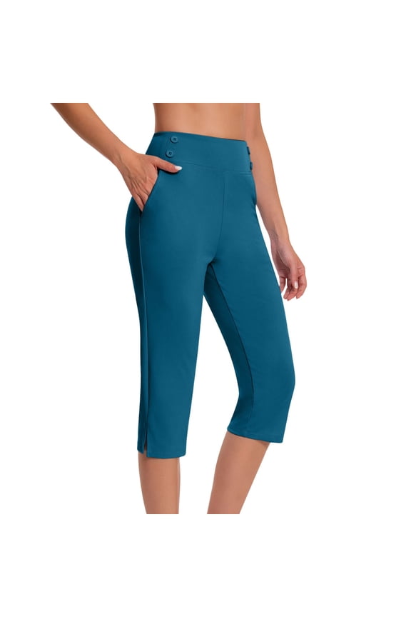 Dress Capri Pants for Women Business Casual Straight Leg Flat-Front Elastic High-Rise Trousers Work Cropped Pant with Pockets