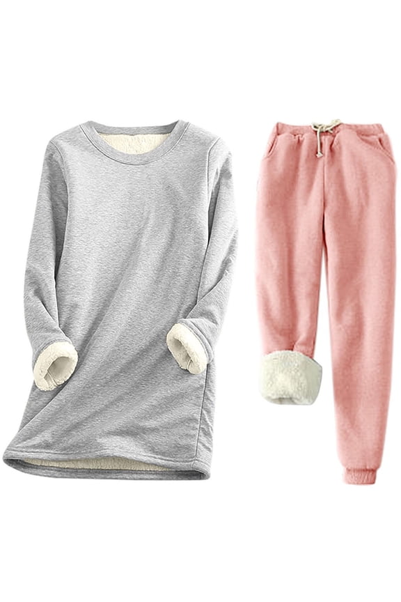 Fleece Lined Sweatsuits for Women Fall Winter Outfits Long Sleeve Tops and Sweat Pants Sets Warm Crewneck Tracksuit Set Matching Base Layers Sets(Large)