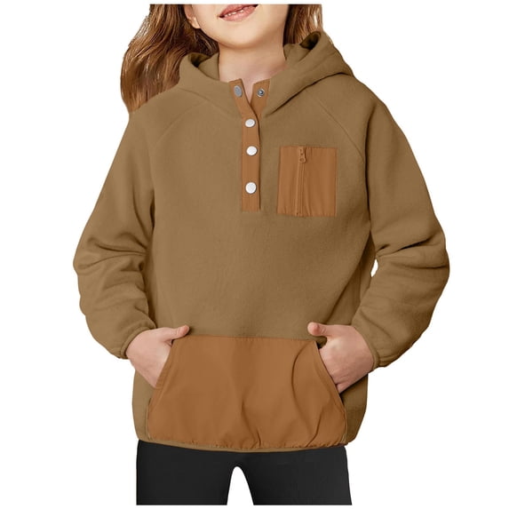 Lyrcatrment Hooded Sweatshirts For Girl Tween Fleece Hoodies Pullover Sweatshirt Snap Button Up Color Block Sweat Shirt With Long Sleeve Fall Fashion Cute Kids Sweatshirt(5 Years,Brown)