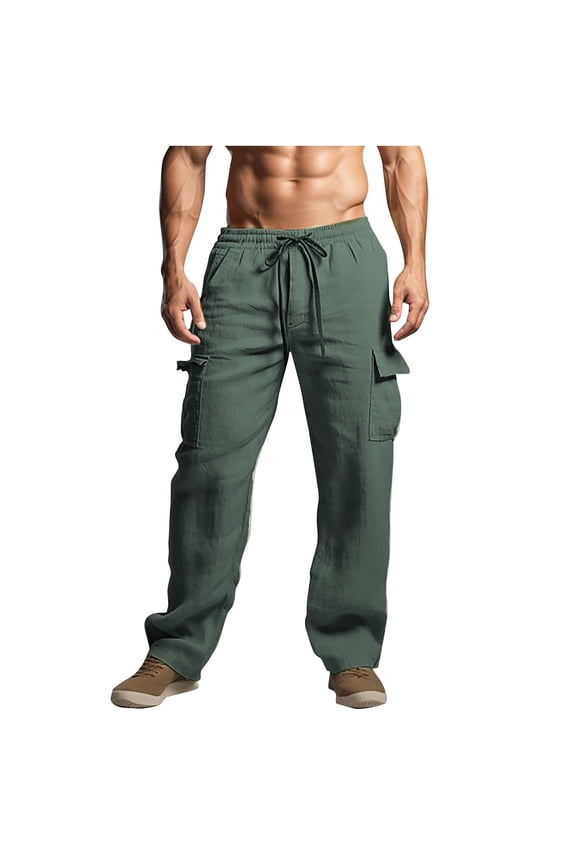 Mens Cargo Pants Cotton Linen Drawstring Elastic Waist Straight Leg Summer Outdoor Beach Pants with Multi Pockets