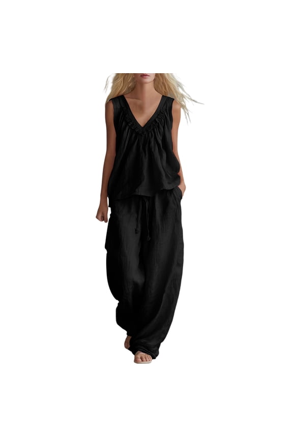 Summer Womens Sets 2 Piece Outfits Ruffle Deep V Neck Sleeveless High-Rise Full Pants Casual Cute Vintage Clothing Matching Set(Small)
